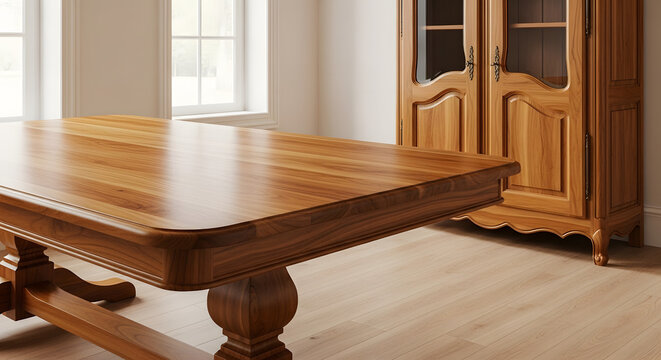An elegant and classic wooden dining room set featuring a large table and a matching display cabinet