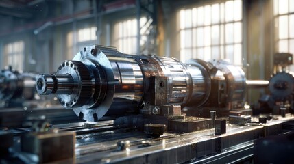 Obraz premium Precision Machined Metal Component on Industrial Lathe in Sunlit Workshop.