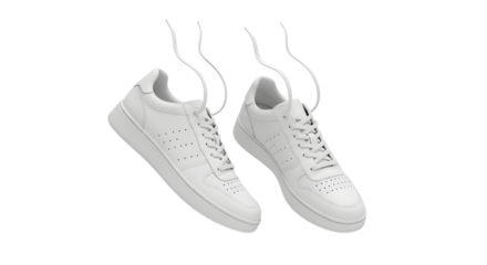 Two white sneakers with laces floating on transparent background , png