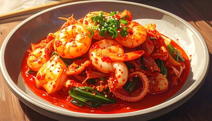Spicy Shrimp and Squid Stir-Fry with Gochujang Sauce.
