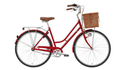 A red bicycle with a basket in front transparent background , png