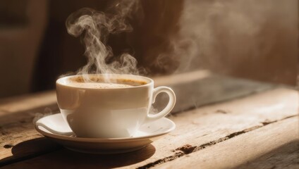 Steaming Cup of Coffee on Rustic Wooden Table.