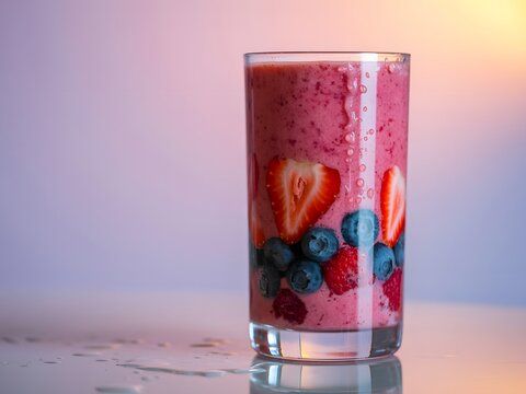 A vibrant refreshing berry smoothie in a tall glass adorned with fresh strawberries and blueberries perfect for a healthy breakfast or snack