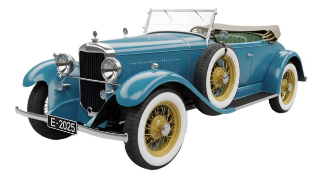 A blue vintage car with white tires on transparent background , png - Powered by Adobe