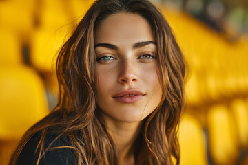 Obraz premium Close-up portrait of a young woman with freckles and loose chestnut hair, serene expression and blue-green eyes framed by blurred yellow stadium seats