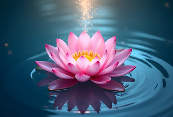 Pink lotus flower with light floating on calm water, spiritual concept