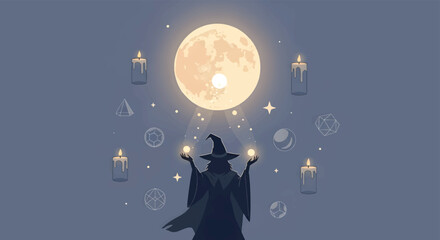 Naklejka premium Witch Performing Magic Ritual Under the Moonlight Vector Illustration