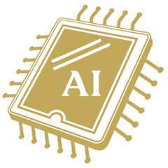 Illustration of a gold computer chip with ai text and multiple pins extending from all sides of it