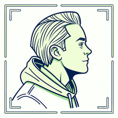 Illustration of a young man in profile with hoodie and frame in a light green and dark blue color scheme