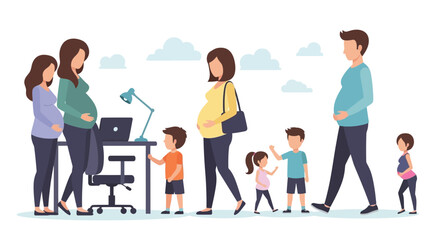 Modern family concept with expectant parents and their children illustration