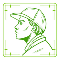 Green line art of a person in profile wearing a cap inside a decorative square frame element design