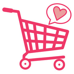 Pink shopping cart with heart in speech bubble representing love for shopping and retail therapy concept