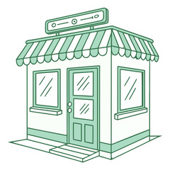 Illustration of a small shop building with awning windows door and signage in a green line art style