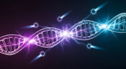 Advanced medicine and genetic biotechnology research. DNA helix structure with electric energy and abstract virus particles. Close-up of a glowing purple and blue double helix and attacking molecules