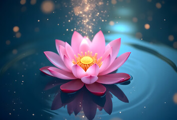 Pink lotus flower with light floating on calm water, spiritual concept