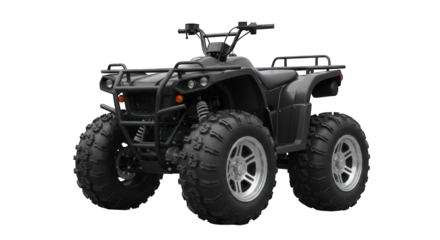 Black ATV with large tires, on a dark background, facing slightly to the left