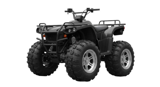 Black ATV with large tires, on a dark background, facing slightly to the left