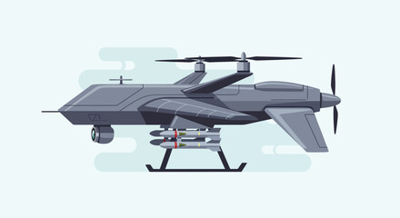 Modern Military Drone with Missiles and Propellers on Sky Blue Backdrop