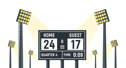 Illuminated sports scoreboard displaying crucial game progress and scores under bright stadium lights, symbolizing intense competition and ultimate victory