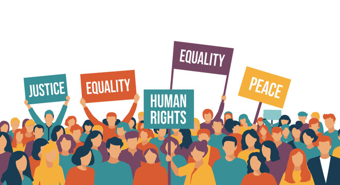 A diverse crowd of people marching together for social justice, equality, and human rights in a peaceful protest