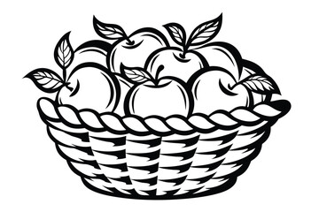 A stylized basket overflowing with ripe apples and fresh leaves creates a stunning still life