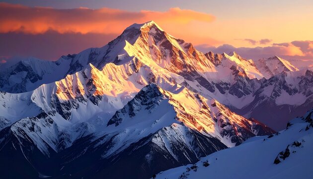 Majestic snow-capped mountain peaks bathed in golden light at sunrise, with dramatic orange and pink clouds in the sky. - Powered by Adobe