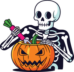 Spooky Skeleton Carving Halloween Pumpkin Illustration with Knife, Preparing Jack-o'-Lantern for Festive Holiday Decoration, Season Celebration, Trick or Treat Invitation Card, Party Design Element, G