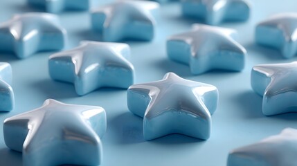 3d blue stars floating in the air, arranged evenly in a clean grid pattern, light blue background