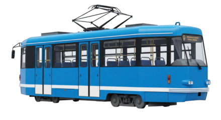 Blue tram facing right, with overhead cables, windows, and doors