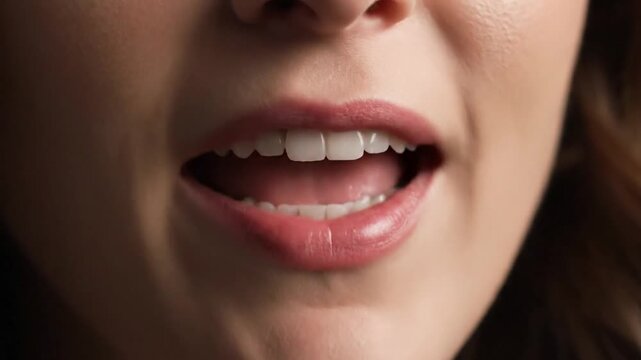 A closeup shot focuses on a persons mouth revealing their teeth and lips