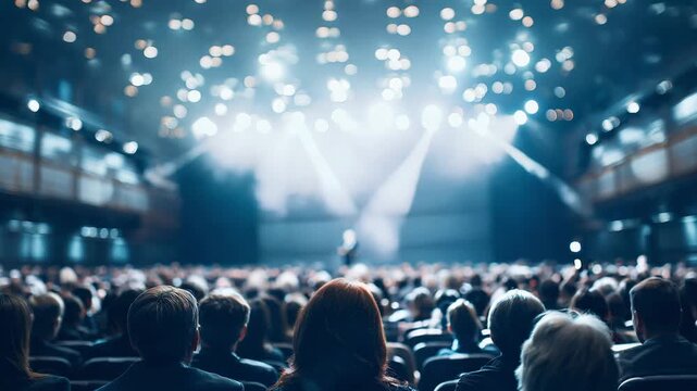 Audience fills spacious auditorium, captivated by a spaker on stage under bright lights during a business event