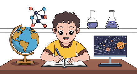 Enthusiastic Young Student Studying Science at Home with Globe, Molecule Model, and Computer Displaying Planets, Engaged in Education, Learning, Research, Discovery in Colorful Illustration Style, Hom