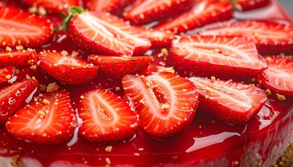 A close-up, overhead view of a delicious strawberry cheesecake topped with fresh strawberry slices and a glistening glaze.