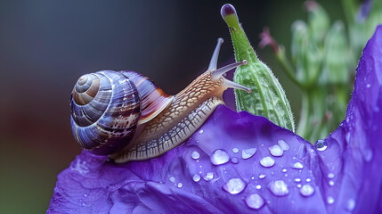 Snail on purple flower petal