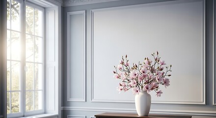 A vase of pink flowers sits on a wooden table in front of a large blank canvas on a wall, with a sunlit window to the left.