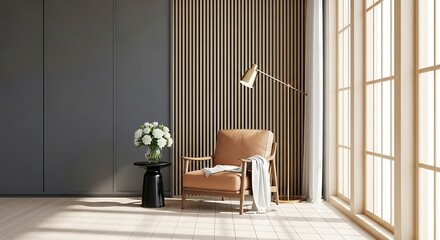 A minimalist living room with a single armchair, a side table with flowers, and a floor lamp next to a large window.