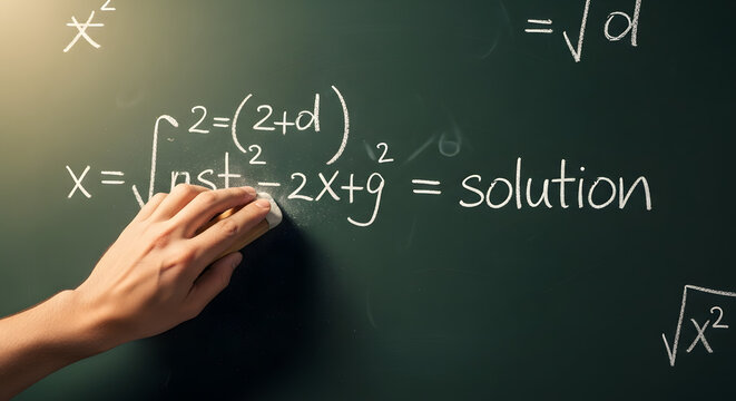 A hand erasing a complex mathematical formula with the word solution on a green chalkboard