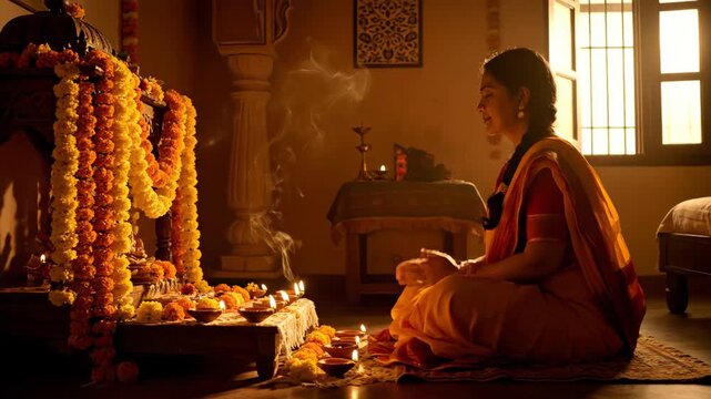 Devotee in Prayer performing Lakshmi Puja with Diyas and Flowers at Home, Celebrating Hinduism Festivals
