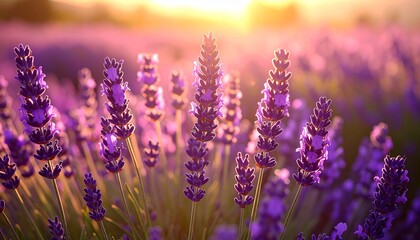Fototapeta premium A beautiful close-up of a purple lavender field basking in the warm, golden light of a sunset.