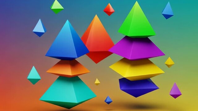 Abstract scene of colorful 3D pyramid geometric shapes floating
