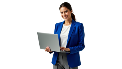 Happy young businesswoman in smart casual attire holding a laptop. Confident female entrepreneur on isolated background