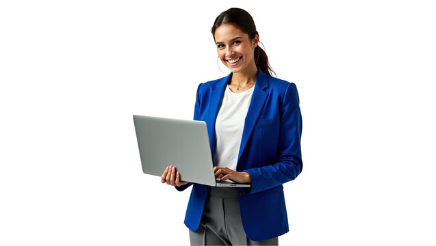 Happy young businesswoman in smart casual attire holding a laptop. Confident female entrepreneur on isolated background - Powered by Adobe