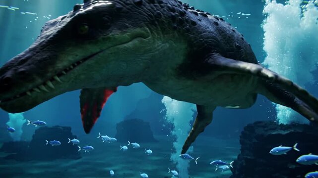 Cinematic UHD: Majestic Mosasaurus Gliding in Prehistoric Ocean. Underwater Documentary of Cretaceous Marine Reptile Predator Hunting in Deep Water with Sunbeams and Realistic Bubbles.