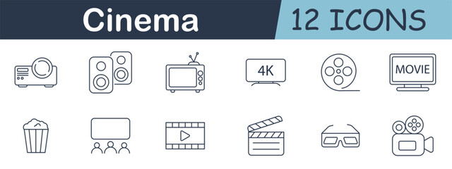Cinema set icon. Projector, speakers, old TV, 4K screen, film reel, movie monitor, popcorn, audience, play icon, clapboard, 3D glasses, vintage video camera.