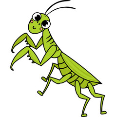 Whimsical Green Cartoon Praying Mantis Creature With Large Eyes And Antennae Standing On Its Four Legs Against A White Background