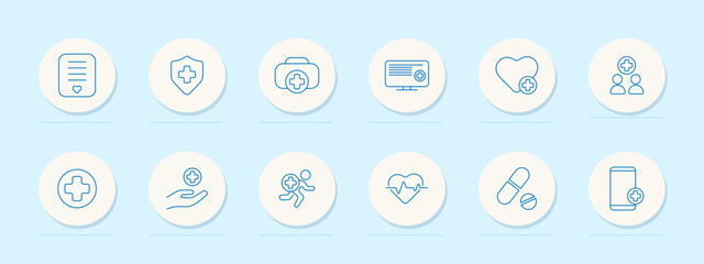 Medicine set icon. Document, shield, kit, monitor, heart, group, cross, hand, runner, pulse, pills, phone. Health, care, medical, protection, people, emergency, app, online, wellness, support.