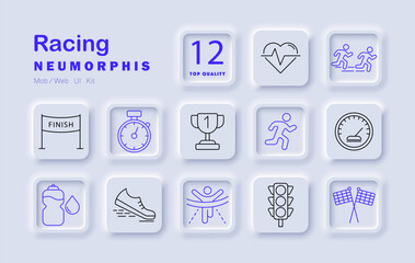 Racing set icon. Runner, stopwatch, finish, flag, bottle, heart rate, shoe, traffic light speed and endurance competition in track racing.
