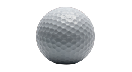 Dimpled white golf ball, central composition, on solid black background, softly lit