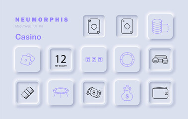 Casino set icon. Shows cards, chips, slot machine, wallet, currency, dice, bag of money, arrow loop, arena, numbers, number badge