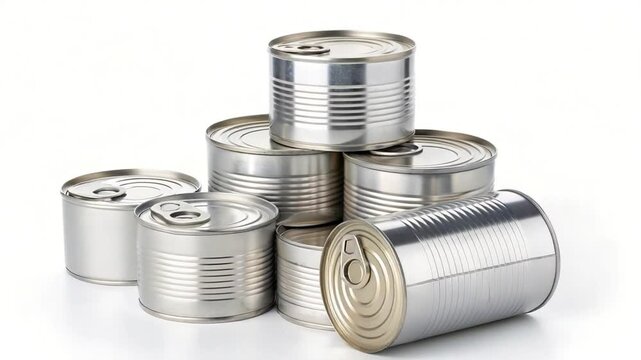 pile of canned food, preserved food, isolated on white background video orbit
